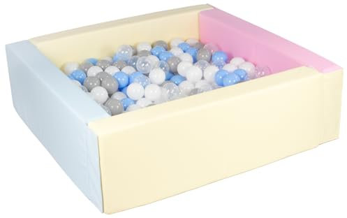 Velinda Piscine à balles carrée avec 300 balles, Cuir écologique, 5 éléments (Couleur de la Piscine/de balles: Rose, Bleu, Jaune (Pastel)/Blanc, Transparent, Bleu Clair, Gris)