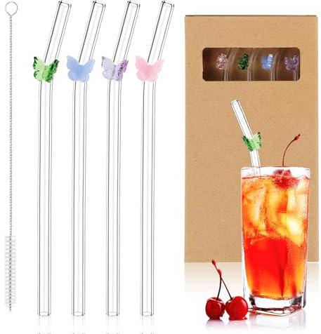 4 PCS Glass Straws, Glass Straws Reusable, Shatter Resistant Reusable Straw with 1 Cleaning Brushes, Clear Glas Straw with Flowers for Smoothies Tea Coffee Milkshakes