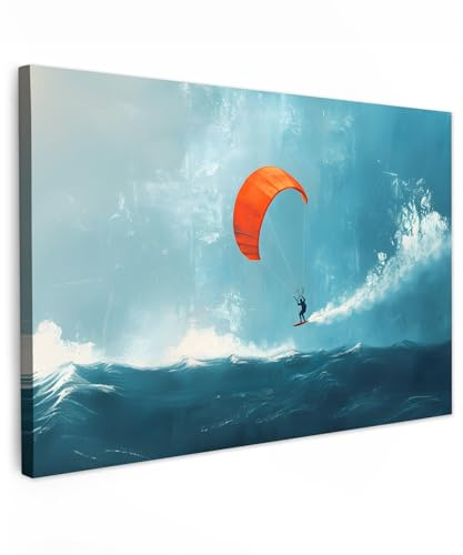MuchoWow© Bilder Wohnzimmer Deko Modern Wandbild Kunstdruck auf Leinwand | 90x60 cm - Bild Schlafzimmer über Bett Room Decor Geschenke Kitesurfer - Orange - Meer - Himmel