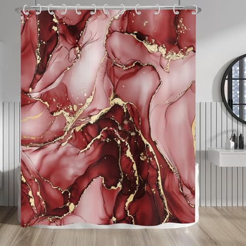 Hnmdmyi Duschvorhang Marmor 180x200, Rot Gold Abstrakt Marmor Badewanne Vorhang Luxus Moderne Ästhetische Kunst Tinte Textur Wasserdicht Polyester Stoff Waschbar Badevorhang mit Haken