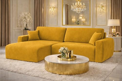 Kaiser Möbel Ecksofa mit Schlaffunktion und Bettkasten Ariel L – L-Form, Veloursstoff Salvador, Schlafsofa mit Liegefläche 200x140 cm, Modernes Wohnzimmersofa (Veluros-Salvador, Gelb, Links)