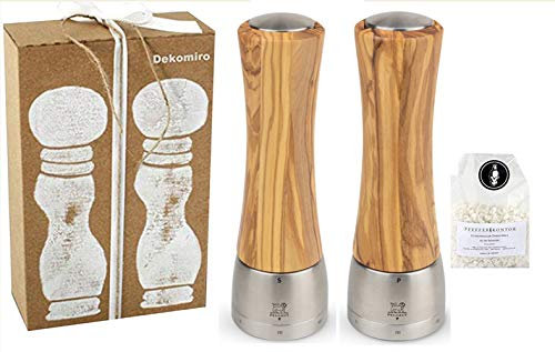 Dekomiro Peugeot Set Madras Salzmühle und Pfeffermühle 21 cm Olivenholz Geschenkset mit 100 gr. Salz