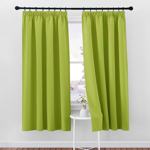 PONY DANCE Rideau Salon - Rideaux Thermiques Isolants Anti Froid Occultant Galon Fronceur pour Chambre Fille Garçons, Porte Fenêtre sans Percage, 2 PCs, L 140 cm x H 175 cm, Vert Frais