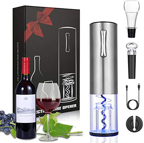 Anpro Tire Bouchon Electrique 5 en 1 sans-Fil, Ouvre-Bouteille Automatique Coupe-Capsule Chargeur USB Verseur-Aérateur Bouchon à Vide pour Cadeau de Noël Amateurs de Vins Oenologie