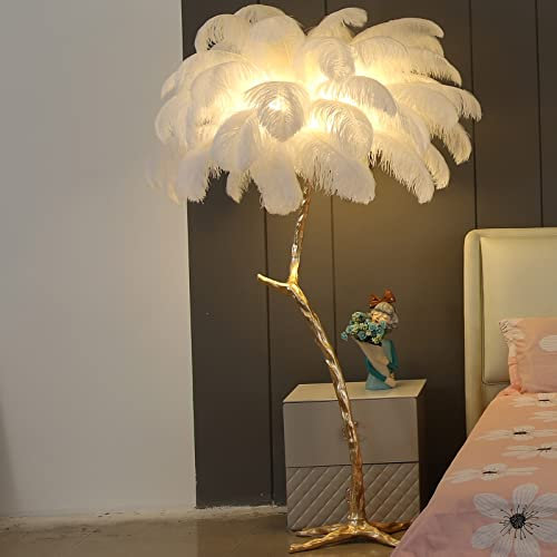 XIHOME Moderne Luxus Echte Straußenfeder Gold Metall Harz Nordische Stehlampe Villa Hotel Beleuchtung Romantische Prinzessin Schlafzimmer Nachttisch Stehlampe 160cm(LED-Lampen nicht enthalten)-Weiß