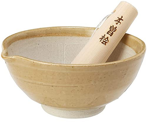 TIKUSAN Ceramic Ripple Ridge Mortar & Pestle (Suribachi & Surikogi) Set with Spout Made in Japan Mino Ware (Brown, Medium)