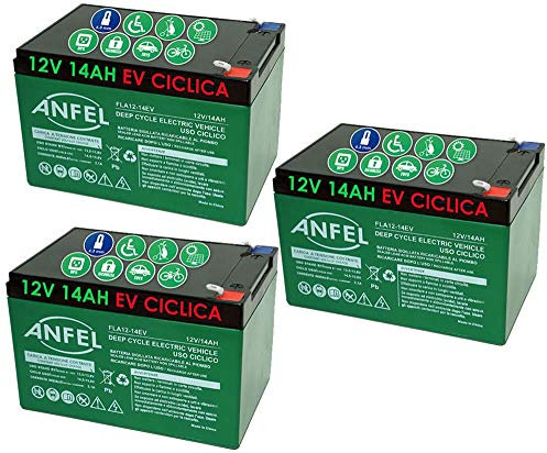 3 batterie Bici elettrica 12 Volt 14 ah EV 36 Volt Ciclica 6dzm CICLICA Uso CICLICO Bici Biciclette ELETTRICHE MONOPATTINI Quad ELETTRICI ELETTRICA Deep Cycle 6-DZM-14 6DZM14 6-DZM-12 6DZM12
