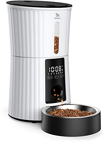 Petory Comederos automáticos temporizados para gatos, dispensador programable de alimentos secos de 4 litros para gatos y perros pequeños y medianos, 6 comidas con bolsa desecante, fuente de
