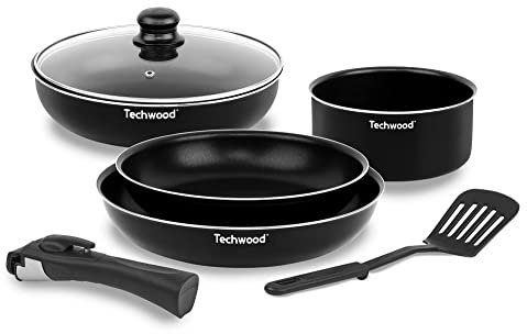 Techwood TSA-6799Set de 1 Casserole, 1 Sauteuse et 2 Poêles 7 pièces, 1 Casserole de dimension 18 cm de diamètre 1 Sauteuse de dimension 26cm de diamètre 2