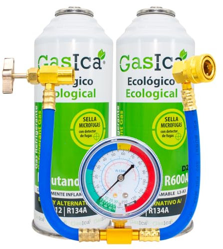 Pack Ahorro GASICA D2, (2 bombonas de 226gr) Gas refrigerante ecológico orgánico sustituto de R12, R134A más Manguera con manómetro con llave para reparación aire acondicionado