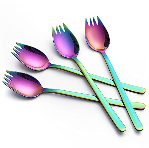 YFWOOD Rainbow Sporks, 4-pack 18/10 Stainless Steel Sporks 7.4 Inches Metal Spoon Fork Hybrid for Salad Dessert Ice Cream Flatware Set Reusable Fruit Appetizer Salad Forks for Household Use or Camping