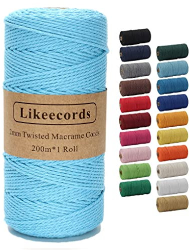 Likeecords Makramee Garn 2mm x 200m Baumwollgarn Makramee-Seil, Makramee-Schnur,Bunte Baumwoll-Bastelschnur zum Aufhängen Pflanzenaufhänger Basteln Stricken (Himmelblau)