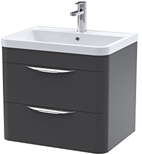 nuie FPA1402 Parade Modern Bathroom Wall Hung 2 Drawer Vanity Basin Cabinet with Polymarble Basin, 600mm, Satin Anthracite
