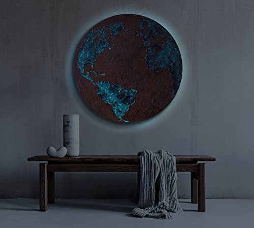 YS-Art Abstrakt Fluoreszierendes leuchtendes Acryl 3D Gemälde auf runder Leinwand Silberner Planet handgemalt modern Wohndekor Kinder Bild echte Kunst 70 cm