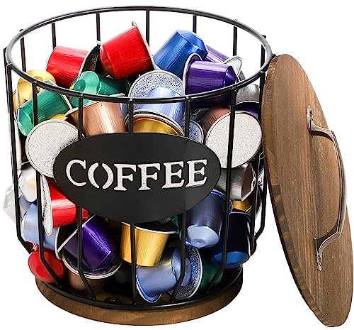 Yarlung Pod Holder With Lid - Large Capacity K Cup Filter Storage Basket With Rustic Wooden Base, Black Wire for Kitchen Countertop, Bar, Station Organizer