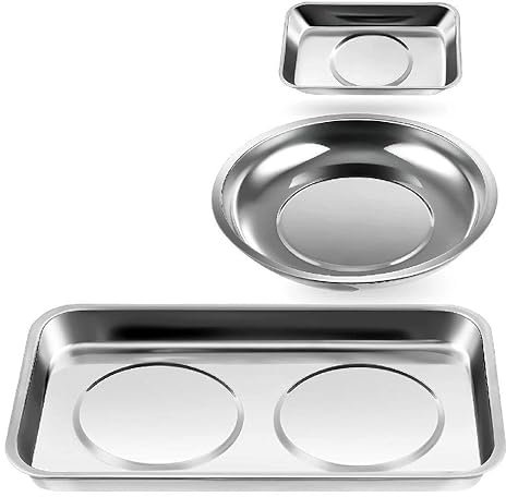 3 Pcs Rectangle Round Magnetic Trays Set Stainless Steel Magnet Tool Tray Parts Holder for Screws Sockets Bolts Pins Magnetic Trays Set Socket Screw Organizer Metal Parts Organizer