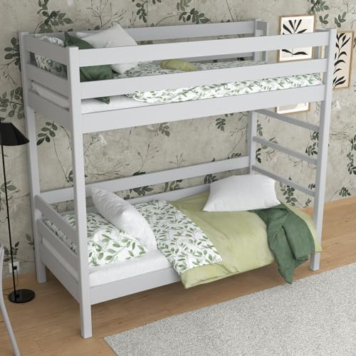N-wood N03 Etagenbett 100x200 cm, Hochbett Holz, 2 Leitermontageseiten: Links oder rechts, sichere abgerundete Kanten, Stabile Massivholzkonstruktion, Hochwertige und umweltfreundliche Lacke, Grau
