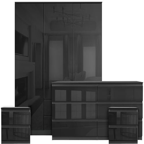 Bedroom Wardrobes sets with 3 Door Wardrobe & 2+2 Drawer Chest of Drawer 2x Bedside Cabinets Bedroom Set for 4 Piece Bedroom Storage furniture Set, Black