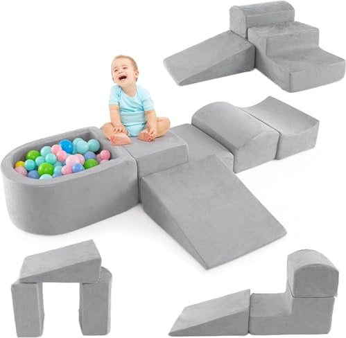 DREAMADE 5 TLG. Softbausteine, Riesenbausteine mit Bällebad & waschbarem Bezug, Großbausteine aus Schaumstoff, Kletterblöcke zum Toben & Klettern für Kleinkinder (Grau)