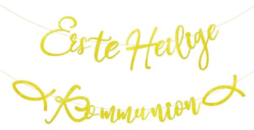 Premium Goldene Erste Heilige Kommunion Girlande mit Glitzer, Sakrament Deko Banner, Funkelnde Hängende Festdekoration für Erstkommunion Jungen und Mädchen, 150cm Kommunionparty Dekoration
