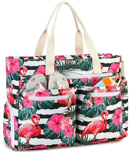 Makukke Sac de Plage XXL - Grand Beach Bag Avec Compartiment à Chaussures - Étanche au Sable - Pliable - Ultra léger - Avec Fermeture éclair - Pour Vacances, Voyages, Gym, Pique-Nique (Flamants Roses)