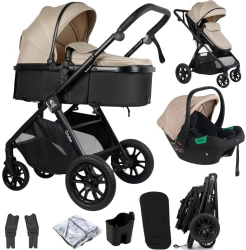For Your Little One Cruise 3-in-1 Travel System with i-Size Car Seat, Stroller, 13kg Pram, Height Adjustable Handle, Pram, Newborn 0-4 Years Free Raincover and Cupholder (Dune Beige)