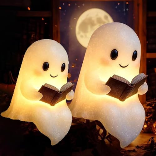 Halloween Ghost LED Light 2026, Cute Warm Glow Halloween Ghost Decorations for Bedroom, Living Room, Study & Garden, 3D Lighted Cute Ghost Light, Wireless Night Lamp for Table & Shelf (16+20CM)