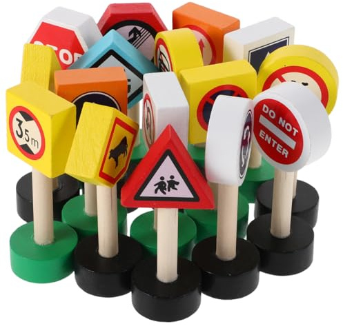 JOINPAYA Panneaux De Signalisation pour Enfants Ensemble De 16 Mini Panneaux De Rue en Bois Jouet De Signalisation Routière De Jeu Éducatif Préscolaire pour Sécurité Routière