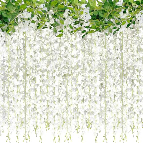 CECOMBINE 4 Pack 26Ft Wisteria Artificial Flowers, White Wisteria Hanging Vines With 40 Branches, Faux Silk Flower Garland for Wedding Decorations, Garden, Home & Party Decor