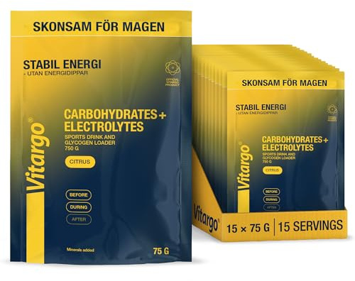 Vitargo Kolhydrater Pulver med Elektrolyter, 75g15 Isotonisk Sportdryck Pulver - Snabb Energi Före och Under Träning, Skonsam för Magen, för Uthållighetssport, Alternativ till Maltodextrin, Citrus