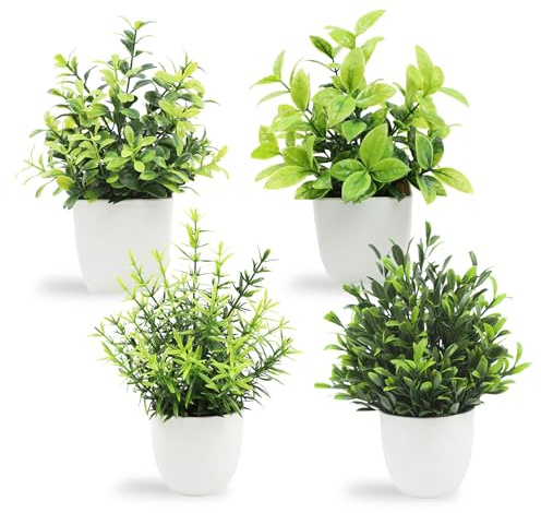 IHCEMIH Fake Plants, Set of 4 Pack Small Artificial Plants Indoor Potted Faux Greenery, Mini Decorative Plastic Rosemary Plant Pots for Home Decor Office Desk Shelf Bathroom Bedroom Living Room