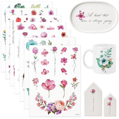 7 Blätter Rub On Sticker handgemalte Blumen Blätter Blumenkranz – wasseraktivierte Transferfolie 21x15 cm für Kerzen, Taufkerze, Hochzeitskerze, Glas, Holz, DIY, Muttertag & Party Deko