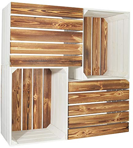 CHICCIE 4 Set Holzkiste Grete Weiß Geflammt 50x40x30cm - Dekokiste Weinkiste