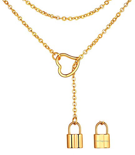 FOCALOOK Damen Collier 18k vergoldet Lariat Y-Halskette Herz Ring und Schloss Anhänger mit 80cm lang Rolokette personalisiert Y-Kette trendig Mädchen Frauen Modeschmuck für Party Geburtstag