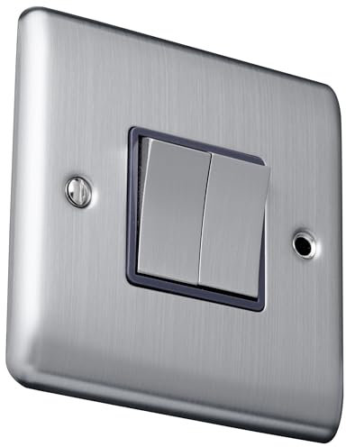 Caradok 2 gang 2 way plate switch Brushed Chrome, Metal Switch, Grey Insert