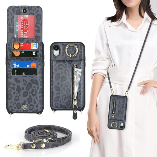 Zouzt for iPhone XR Case with Cord and Card Holde, Zipper Wallet Case with Crossbody Lanyard Ring Adjustable Necklace Protective Cover Women for iPhone XR 6.1 Inch - Black Leopard