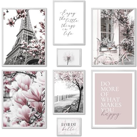 ARTFAVES® Poster Set - SPRING IN PARIS - mehrteilige Wanddeko Wohnzimmer & Schlafzimmer - 8 moderne Wandbilder Frühling, schwarz weiß, rosa, Fashion - mit Rahmen Weiss