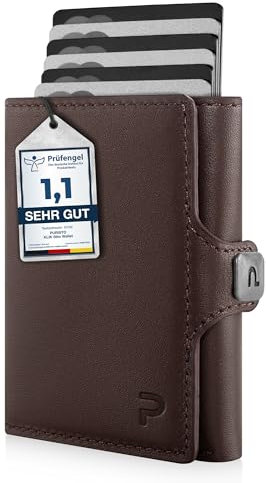 PURISTO KLIK Classic Slim Wallet mit Münzfach - Mini-Geldbörse für Herren aus Echtleder - Kleines Kartenetui mit RFID-Schutz für 10-14 Karten - Dunkelbraun