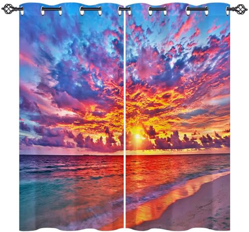 ANHOPE Sonnenuntergang Ozean Strand Gardinen Blickdichte mit Ösen Weich Thermo Vorhänge Blackout Curtain Vorhang Wohnzimmer Schlafzimmer Verdunklungsvorhänge 2er Set H 160 x B 132 cm