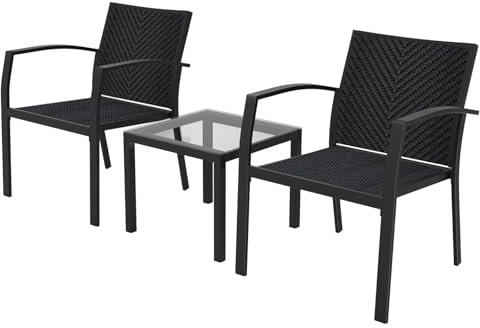 RANSENERS 3-Teilig Premium Balkonset Bistroset von Gartenmöbelset mit Metallrahmen und Polyrattan Sitzfläche für Garten Terrasse und Balkon (Schwarz)