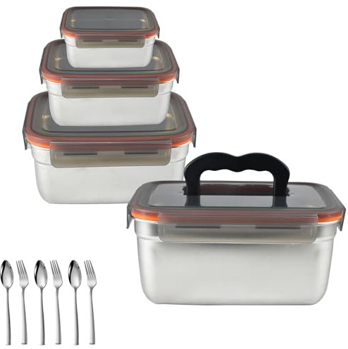 LUNALING Fiambrera de almacenamiento de alimentos de acero inoxidable/lonchera. 1 juego de 4 Recipientes, apilables (550 ml.1100 ml.1900 ml.3500 ml). tapa con anillo de sellado.