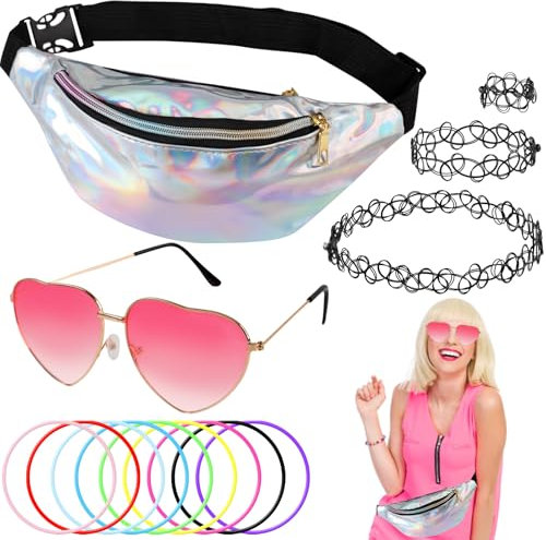 Tikplus 90s Outfit Damen, 90er Jahre Accessoires, 90er Jahre Retro Outfit mit Herz Sonnenbrille Rosa, Silber Bauchtasche, Halskette, Women Festival Hippie Accessoires für Neon Mottoparty