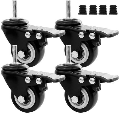 4 Stück Rollen mit Bremse M8×25mm, Schwerlastrollen 50mm, Lenkrollen für Möbel, Möbelrollen Gewinde M8, Gummi Lenkrollen, Keine Spuren & Leise, für Geräte und Möbel, mit 4 Mutternstopfen