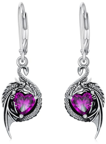 LONAGO Drache Ohrringe für Damen 925 Sterling Silber Schwarzer Drache mit Geburtsstein im Herzschliff Ohrhängern