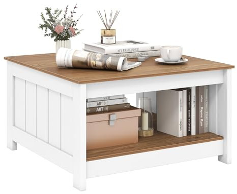 CASART Wooden Coffee Table with Storage Shelf, 2-Tier Square Center Tea Table for Living Room Bedroom Office, 80 x 80 x 45cm