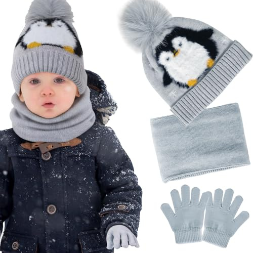 Wintermütze Kinder Loop Schal Handschuhe Set, Kinder Mütze Winter für Kleinkind Jungen Mädchen 1-8 Jahre, Strickmütze Set mit Geschenkbox & Grußkarten, Warm Kindermütze Winter mit Schal Handschuhe