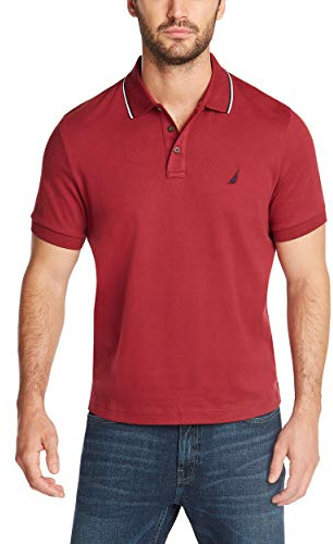 Nautica Men's Classic Fit Short Sleeve Dual Tipped Collar Polo Shirt Shirt, -Burgundy, Large