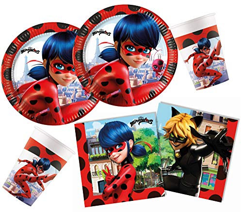 Procos 10133993 - Partyset Miraculous, 52-teiliges Set, 16 Teller, 16 Becher und 20 Servietten, Lady Bug, Cat Noir, Einweggeschirr, Dekoration
