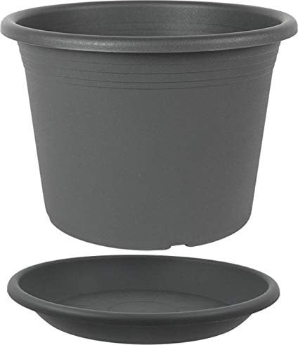 MePla - Blumentopf Pflanzkübel Cylindro ø50 cm + Untersetzer ø49 cm, Anthrazit, wetterfest aus UV-beständigem Kunststoff