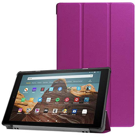 SATURCASE Case for Amazon Fire HD 10 2019 Released (9th Generation), PU Leather Flip Foldable Folio Stand Protective Tablet Cover with Auto Sleep/Wake Function (Purple)